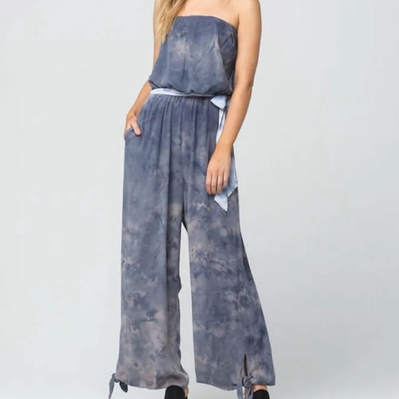 Free People Strapless Jumpsuit Blue Tie Dye Just Float Maxi Casual Resortwear - Picture 3 of 8